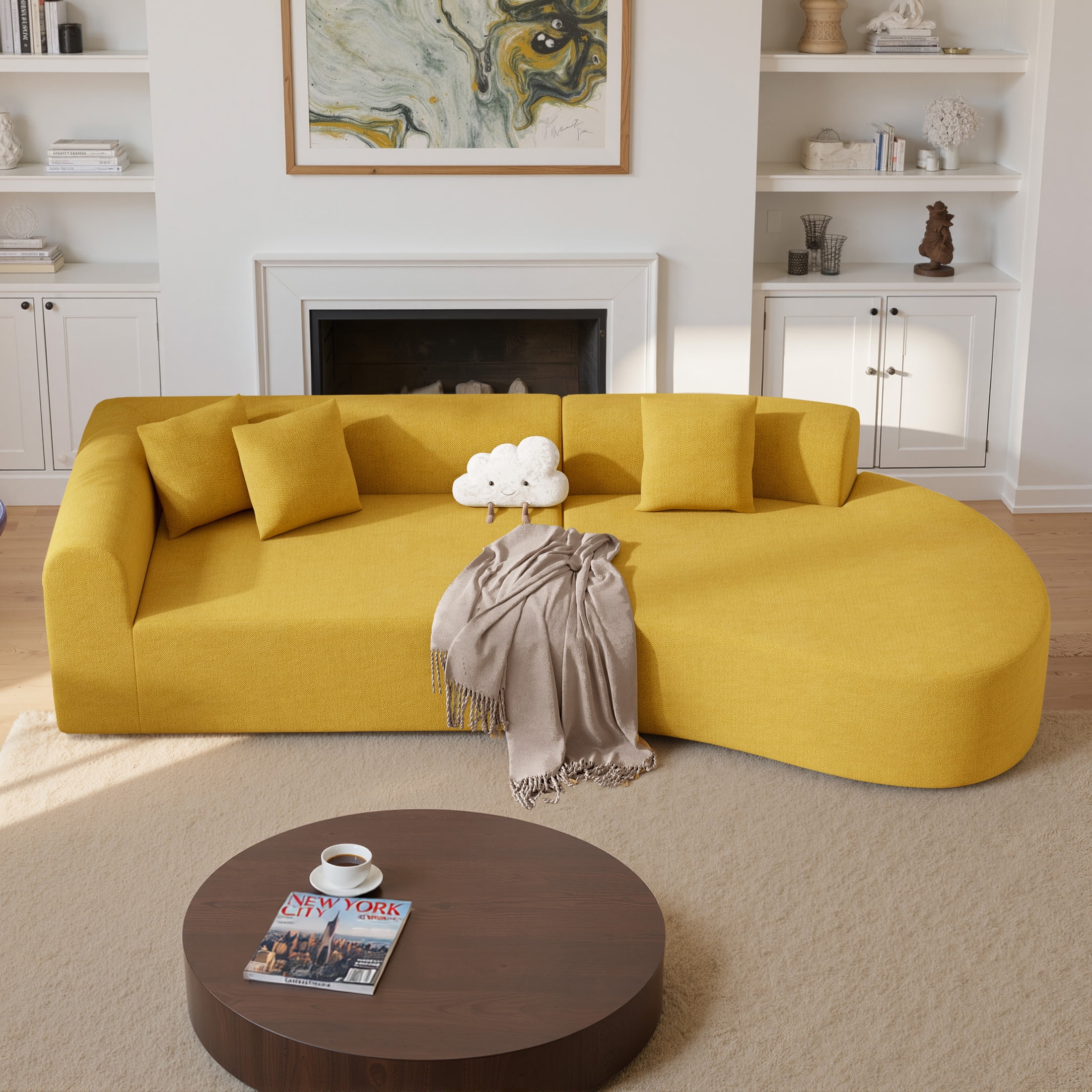 Hawsaiy 126" Oversized Modular Sectional Sofa, Modern Deep Seat Curved Cloud Couch, Soft Chenille Upholstered Sofa for Living Room, Yellow, No Assembly