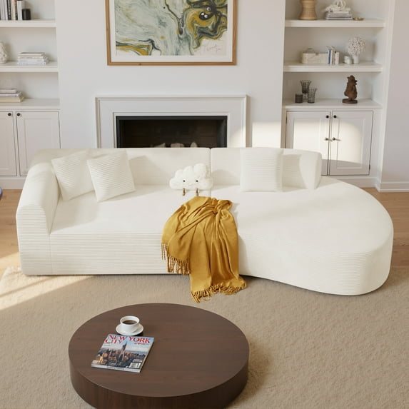 Hawsaiy 126" Oversized Modular Sectional Sofa, Modern Deep Seat Curved Cloud Couch, Soft Corduroy Upholstered Sofa for Living Room, White, No Assembly