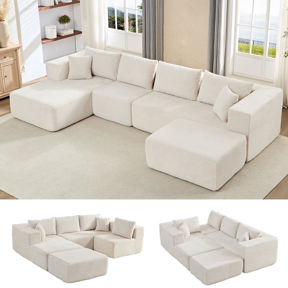 Puremind 135" Oversized Modular Sectional Sofa, U/L Shaped Couch with Movable Ottoman, Foam Filled Cloud Couch for Living Room, No Assembly Required, Beige