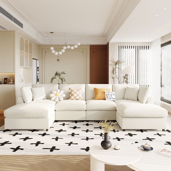 130" Oversized U-Shaped Sectional Couches for Living Room, Modern 6 Seater Modular Sofa with Movable Ottoman, Deep Seat Chenille Cloud Couch for Bedroom and Apartment, Beige