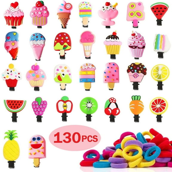 130 PCS Girls Hair Accessories Set Toddler Hair Clips, Ice Cream & Fruit Clips, Elastic Hair Ties for Babies, Kids, and Teens