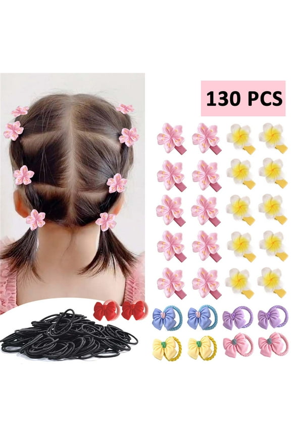 130 PCS Mini Flower Hair Clips Ties Set - Hair Accessories for Girls, Cute Floral Hair Clip and Bow Hair Elastic for Toddler Baby, Kids, Teens Hair Styles