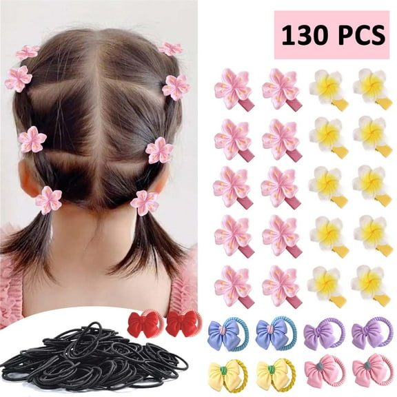 130 PCS Mini Flower Hair Clips Ties Set - Hair Accessories for Girls, Cute Floral Hair Clip and Bow Hair Elastic for Toddler Baby, Kids, Teens Hair Styles