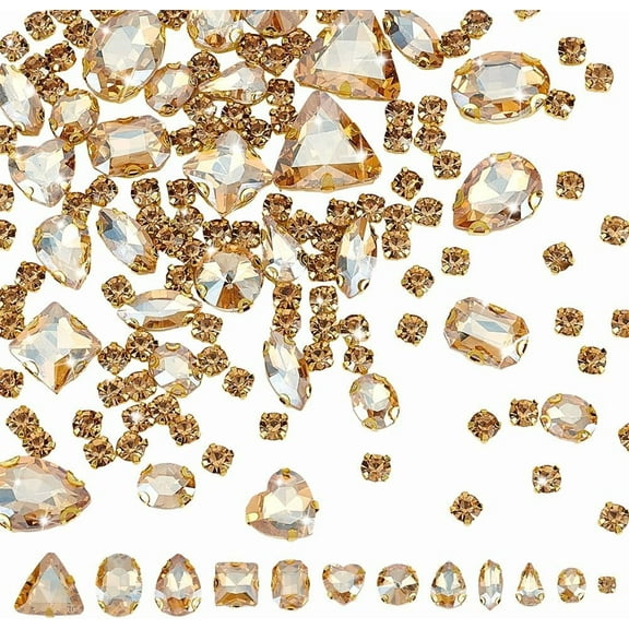 130 Pcs Champagne Color Sew on Rhinestone Mixed Shapes Glass Sewing Stones Flatback Gems with Claw for DIY Crafts Jewelry Making Dresses Clothing Shoes Bag Sewing Decorations