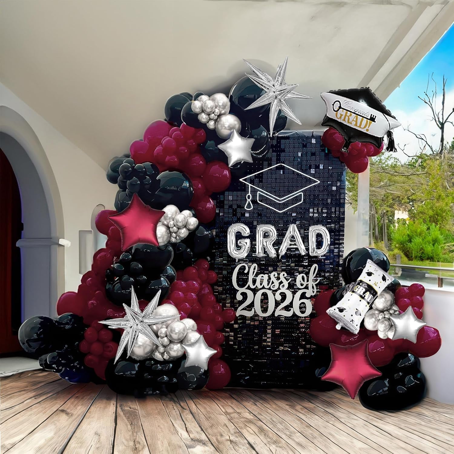 130 Pcs Maroon Black Silver Balloon Arch Kit with GRAD Letters & Graduation Cap Foil Balloons Star Accents for Senior Night Decorations Class of 2026 Prom Party Supplies