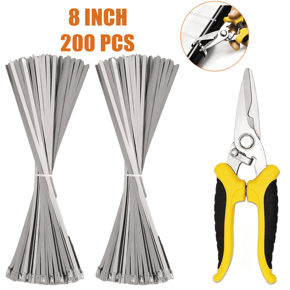 8 Inch 200Pack Stainless Steel Zip Ties with Cutter, UVResistant HeavyDuty SelfLocking Outdoor Cable Ties for Pipe Fence Wire