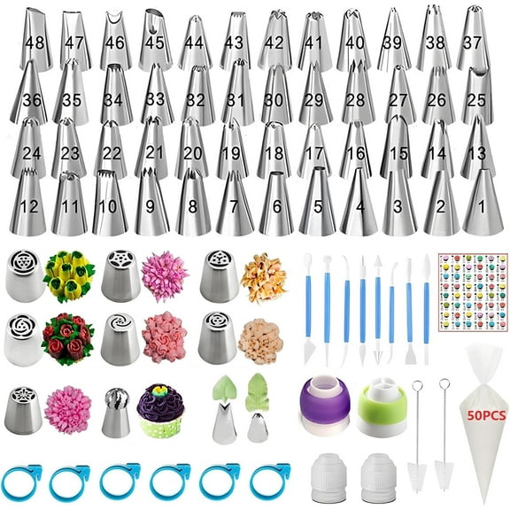 130 Pcs Piping Bags and Tips Set, with 48 Numbered Icing Tips,7 Russian Tips,1 Ball Tip,2 Leaf Tips,Pattern Chart,8 Carved Pens,4 Couplers,50 Pastry Bags & More for Cake Cupcake Decorating