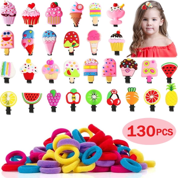 130-Piece Girls Hair Accessories Set Ice Cream & Fruit Clips with Elastic Hair Ties for Toddlers, Kids & Teens