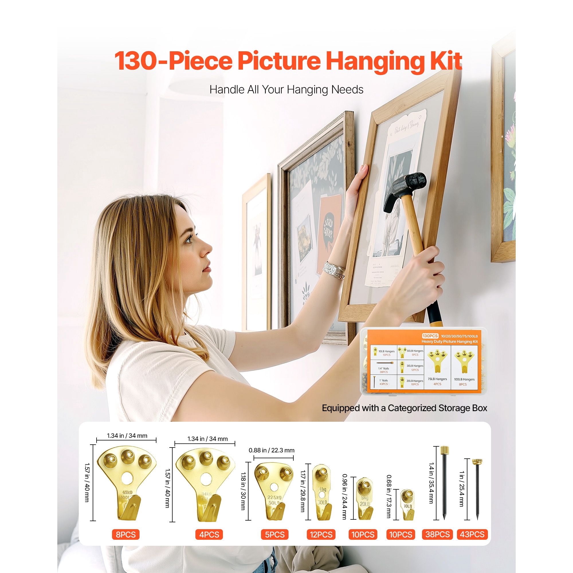 130-Piece Picture Hanging Kit, 10-100lb Metal Hooks with Nails for Mirror, Painting, Photo Frame, Drywall & Wood Wall, Gold