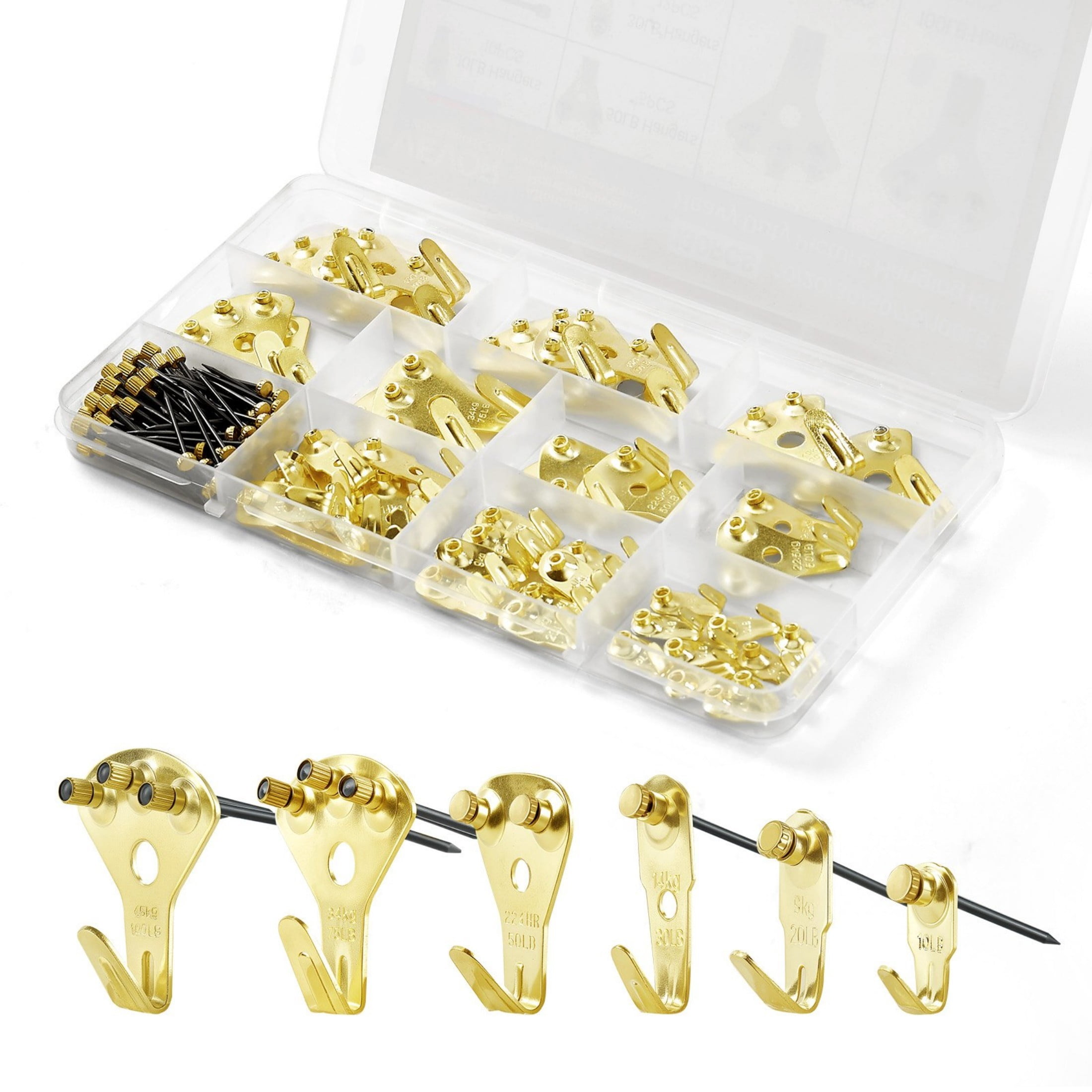 130-Piece Picture Hanging Kit, 10lb to 100lb Heavy Duty Metal Hooks with Nails, Gold
