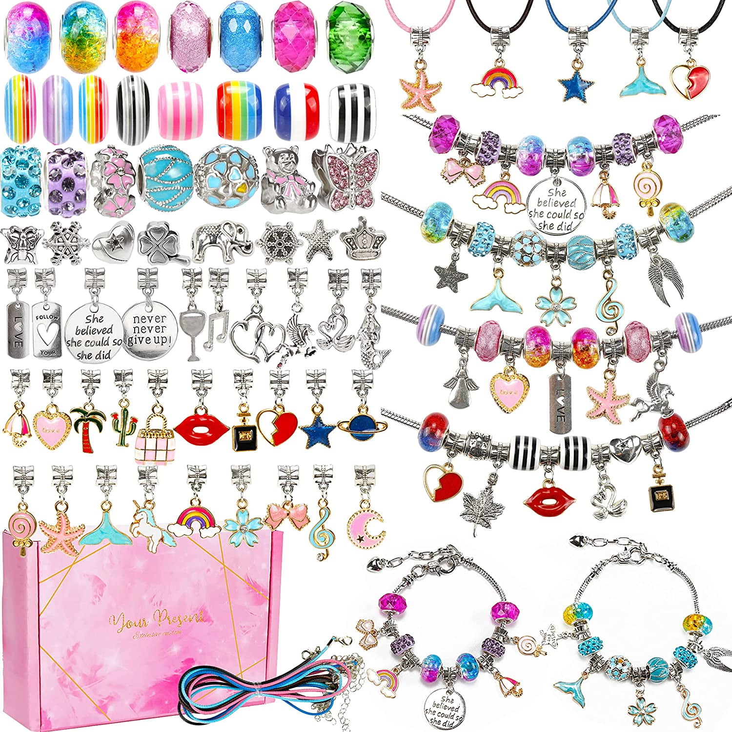 130 Pieces Charm Bracelet Making Kit Including Jewelry Beads Snake Chain, DIY Craft for Girls, Jewelry Christmas Gift Set for Arts and Crafts for Kids Ages 8-12