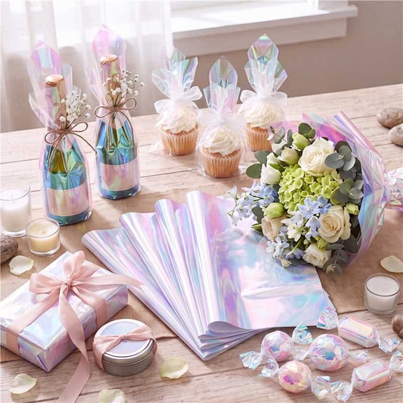 Jaikg 130 Sheets 9x9 Iridescent Cellophane Sheets Holographic Blue for Gift or DIY Crafts