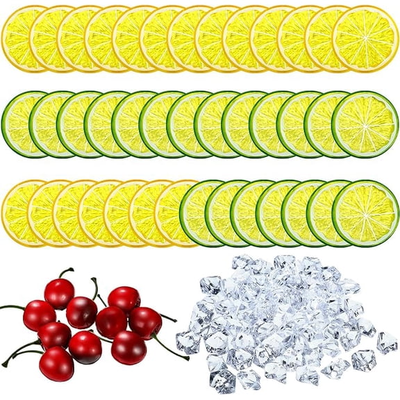 130 Pieces Lemon Slice Ice Cubes Set - 20 Simulation Lemon Slices, 100 Acrylic Ice Cubes, 10 Artificial Cherries for Wedding Kitchen Decoration