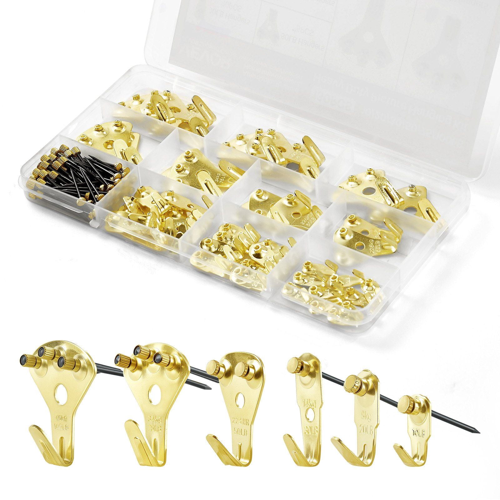 130 Pieces Picture Hanging Kit with Metal Hooks and Nails for Mirror Painting Photo Frame on Drywall Wooden Wall Gold 10lb 20lb 30lb 50lb 75lb 100lb