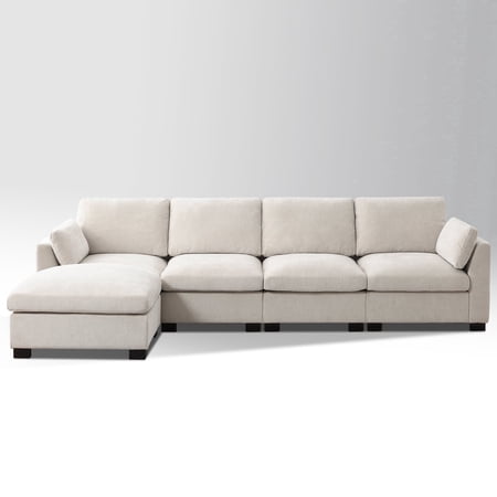 METIS WONG Office Sofa 130? L-Shaped Modular Sectional in Beige Chenille with Side Storage, Folding Table & USB. 5-Seat Couch & Ottoman for Office/Reception/Commercial.