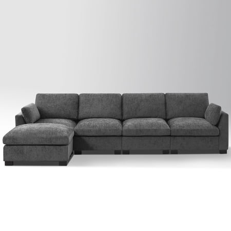 METIS WONG Office Sofa 130? L-Shaped Modular Sectional in Gray Chenille with Side Storage, Folding Table & USB. 5-Seat Couch & Ottoman for Office/Reception/Commercial.