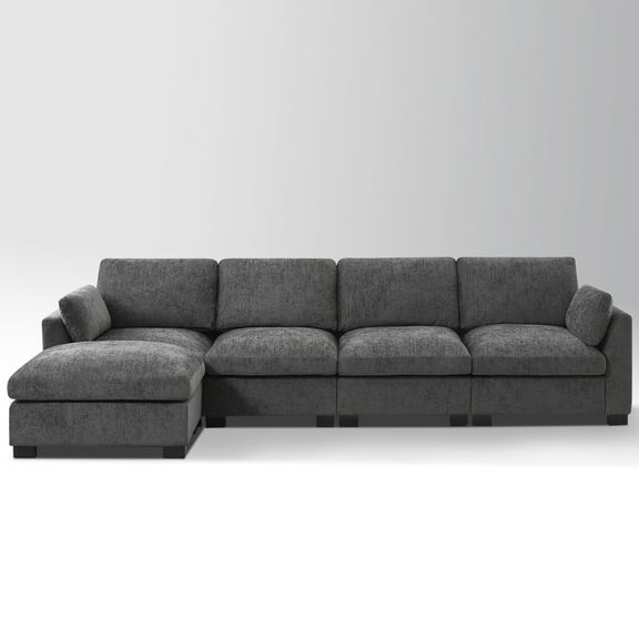 130" Side Storage Office Sofa, L-Shaped Modular Sectional Sofa with Folding Table & USB, Gray Chenille Fabric, 5-Seat Business Couch with Movable Ottoman for Office, Reception, Commercial