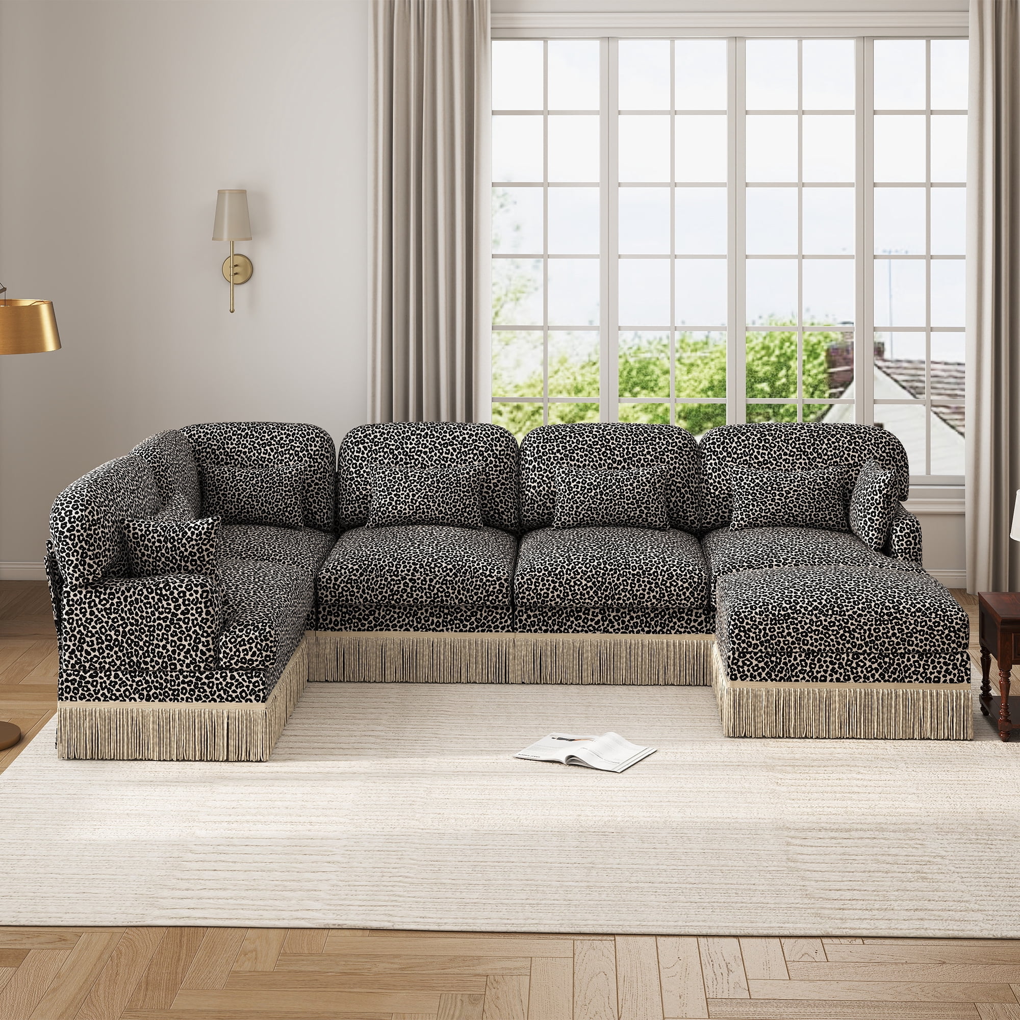 130" U Shaped 6 Seater Large Modular Sectional Corner Sofa with 7 Pillows and Ottoman