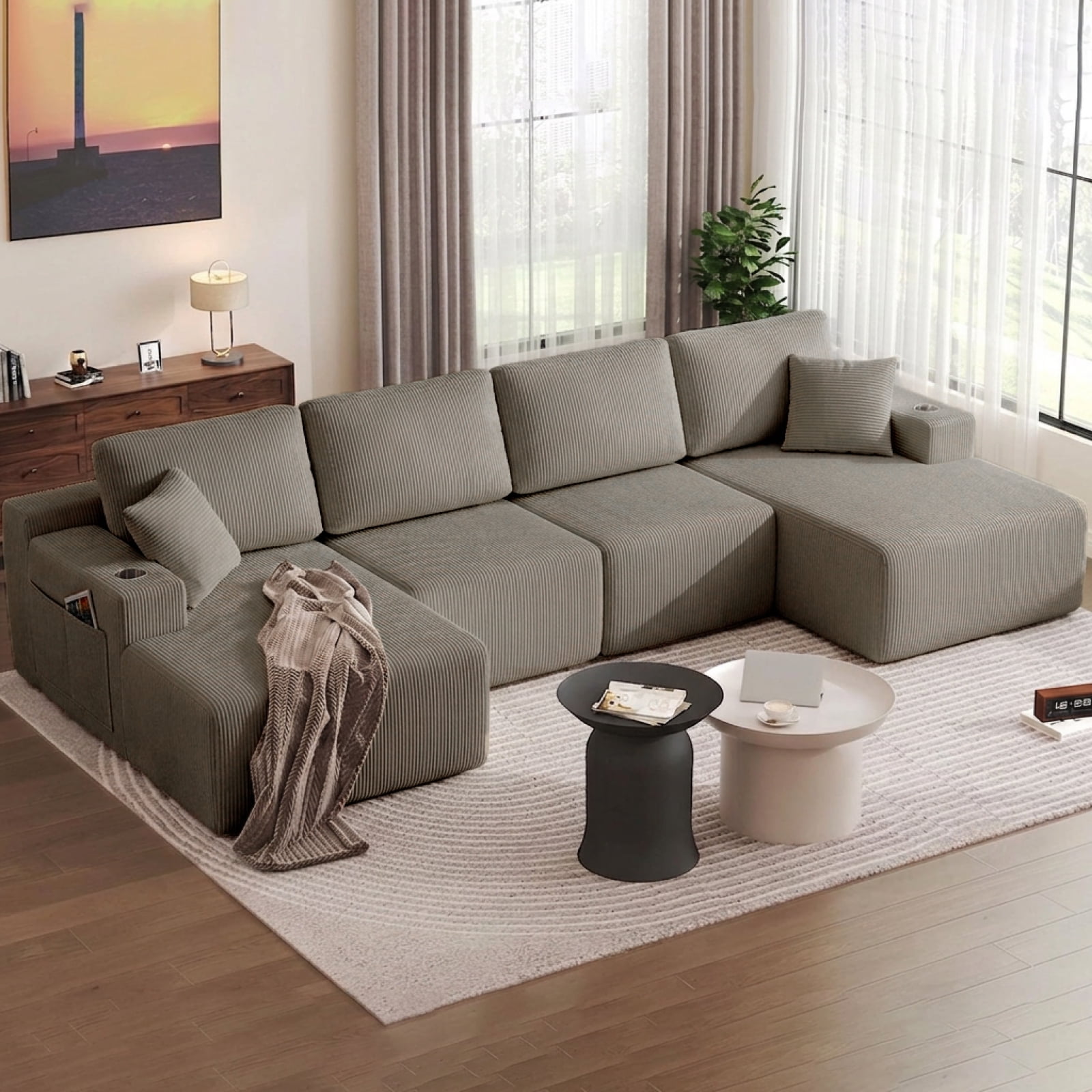 130" U-Shaped Boneless Modular Sectional Sofa with Chaise, 6 Pillows and Cup Holders