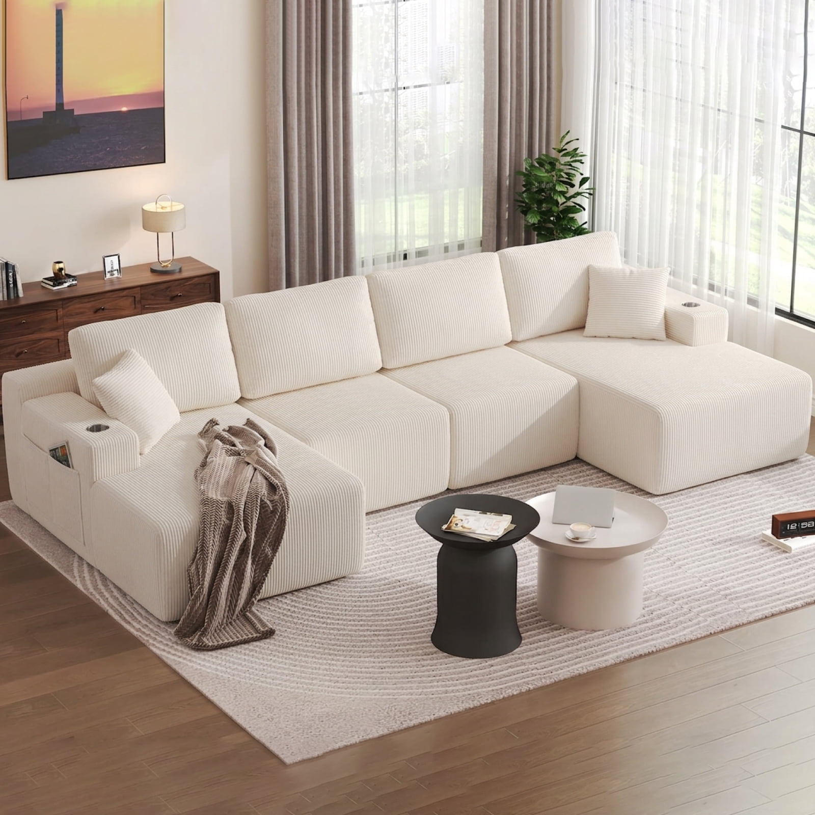 130" U-Shaped Boneless Modular Sectional Sofa with Chaise, 6 Pillows and Cup Holders