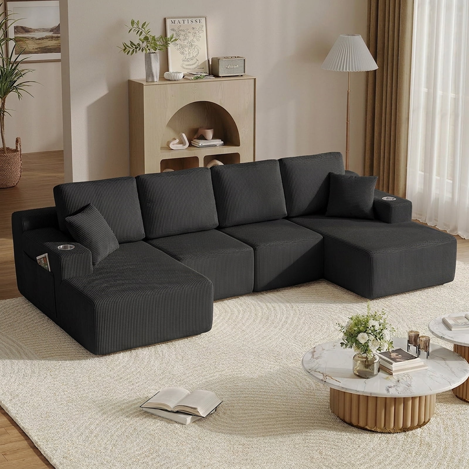 130" U-Shaped Boneless Modular Sectional Sofa with Chaise, 6 Pillows and Cup Holders