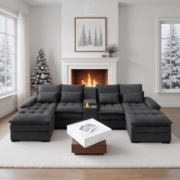 130" U-Shaped Modular Sectional Fluffy Couch, Oversized Cloud Couches with Storage Console & Cup Holders, Doll-Cotton Filling, Comfy Linen Sofa with Chaise, 6-Seater Deep Seat Sofa for Living Room
