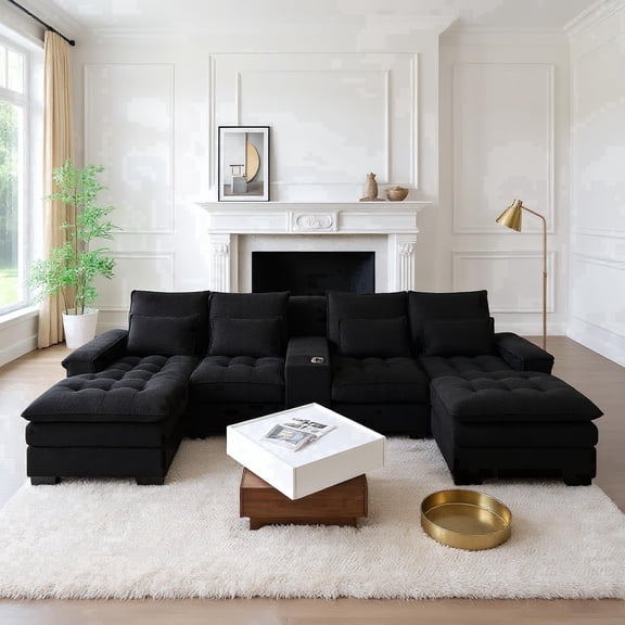 130" U-Shaped Modular Sectional Fluffy Couch, Oversized Cloud Couches with Storage Console & Cup Holders, Doll-Cotton Filling, Comfy Linen Sofa with Chaise, 6-Seater Deep Seat Sofa for Living Room