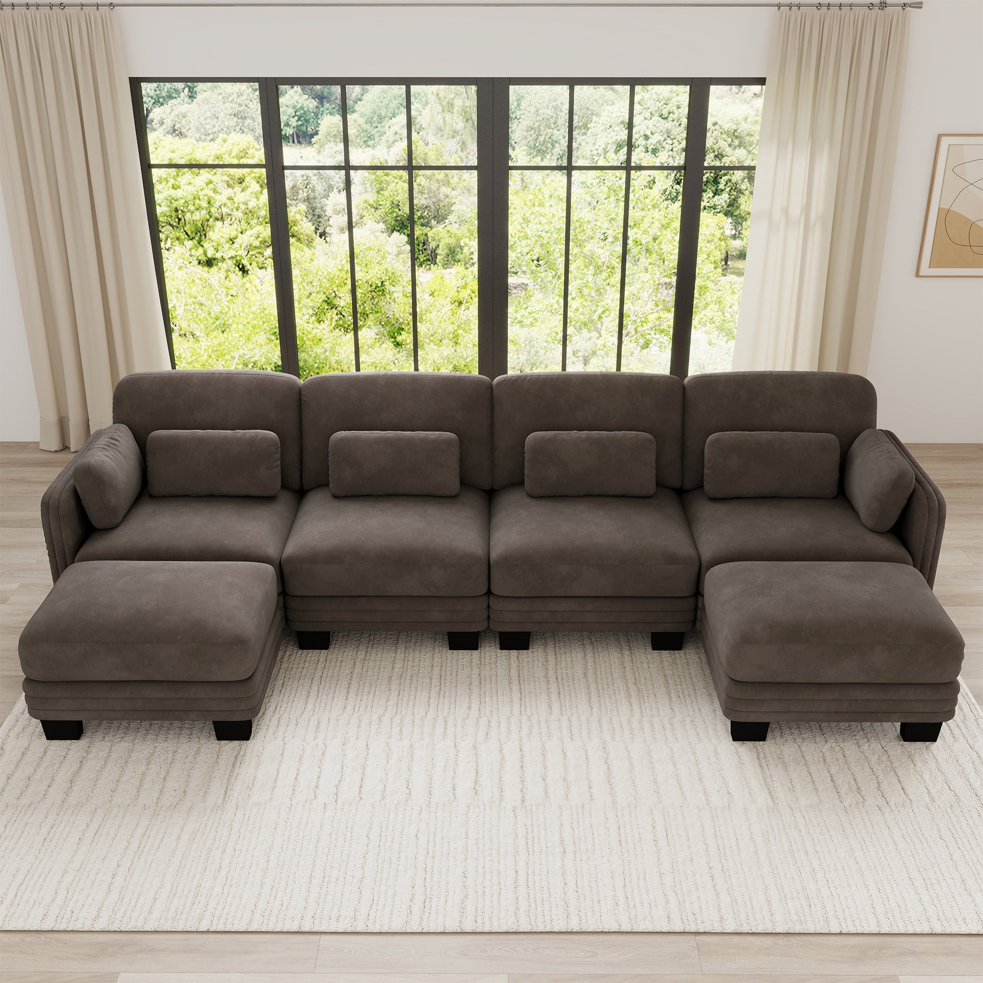 130" U-shaped Tufted Modern Modular Sectional 4 Seater Sofa Couch with 2 Ottomans and 6 Pillows