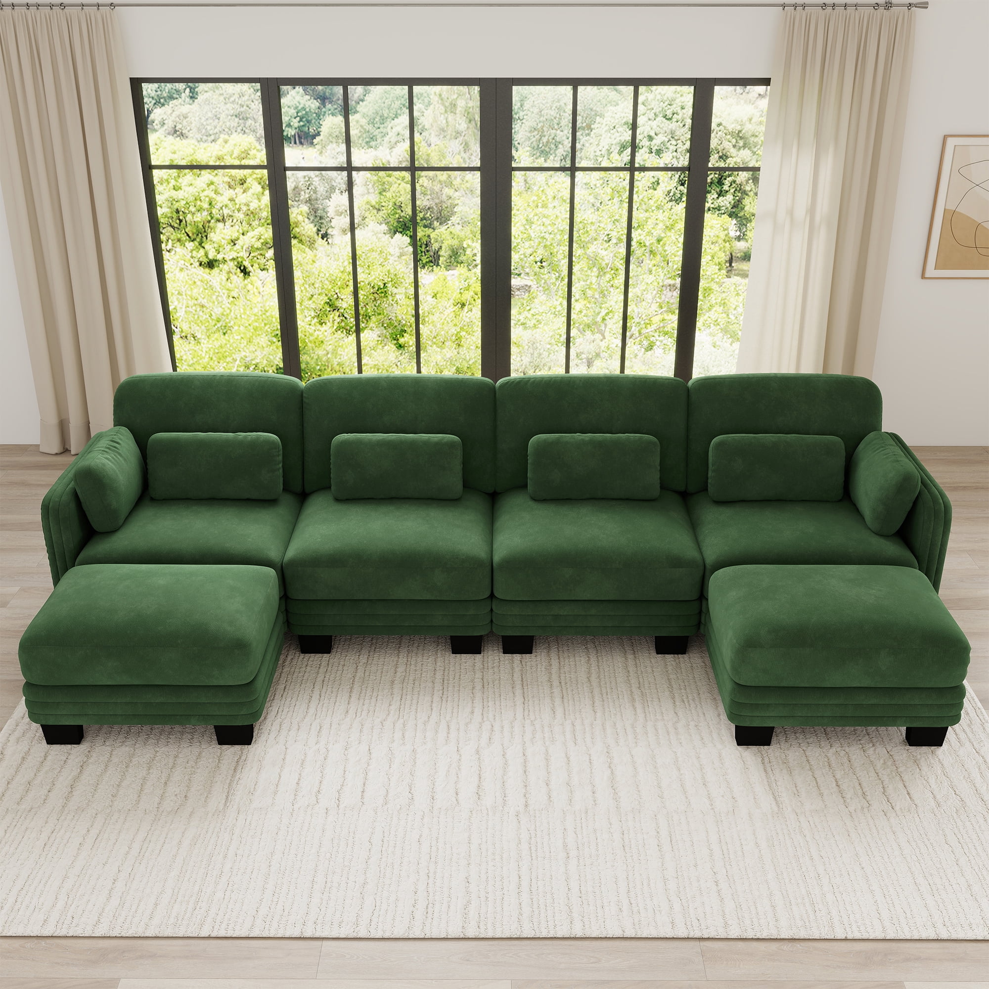 130" U-shaped Tufted Modern Modular Sectional 4 Seater Sofa Couch with 2 Ottomans and 6 Pillows