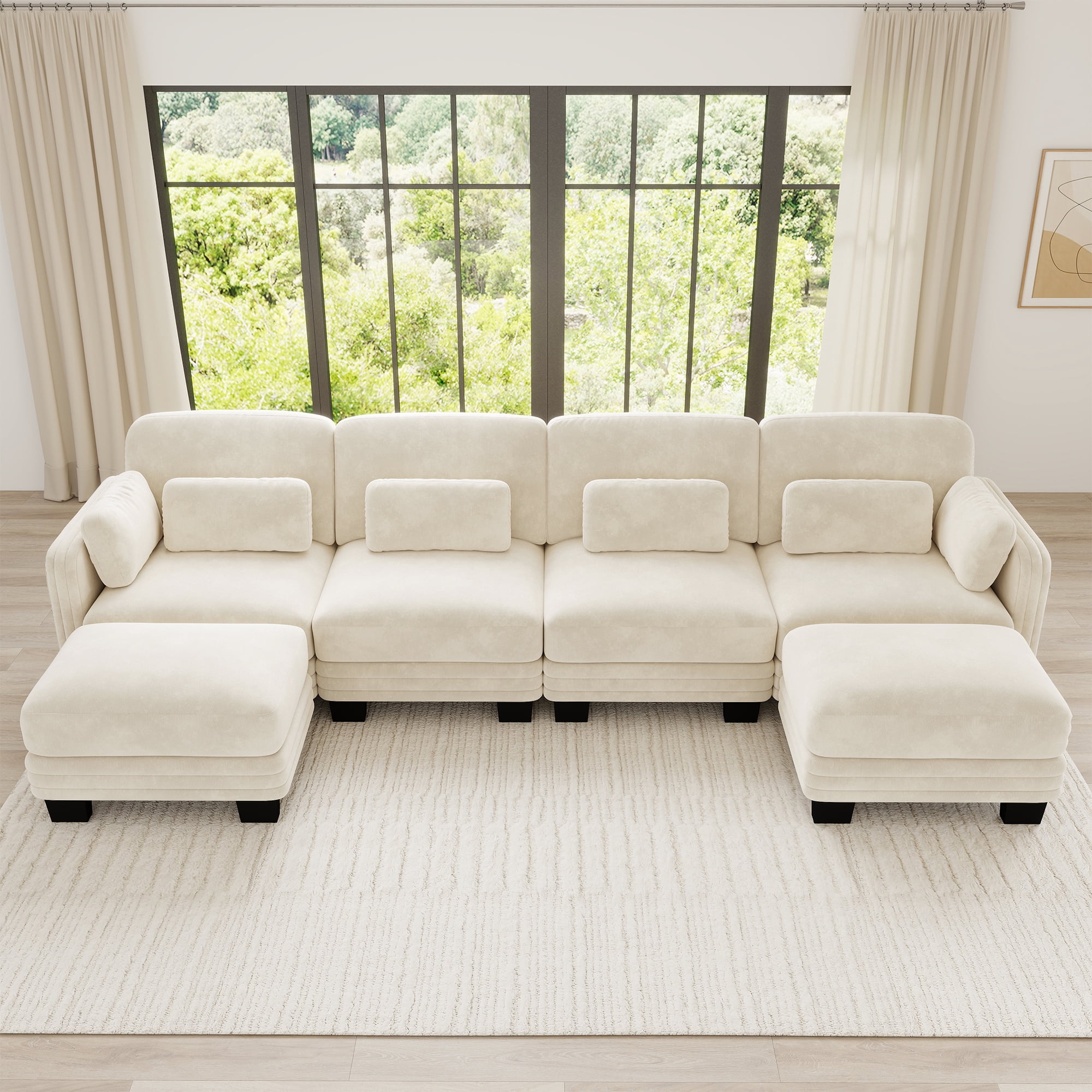 130" U-shaped Tufted Modern Modular Sectional 4 Seater Sofa Couch with 2 Ottomans and 6 Pillows