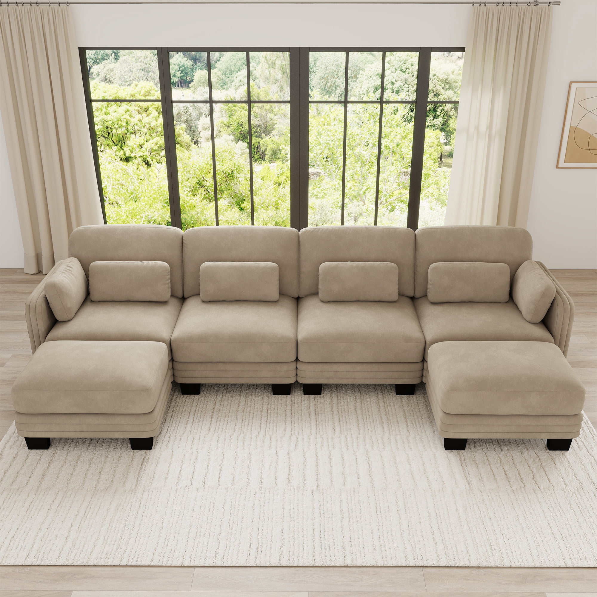 130" U-shaped Tufted Modern Modular Sectional 4 Seater Sofa Couch with 2 Ottomans and 6 Pillows