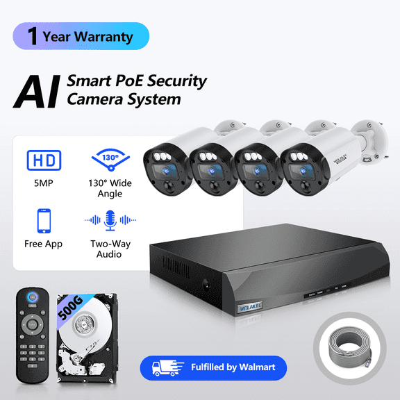 WEILAILIFE 5MP POE Security Camera System, 4-Channel NVR with 500GB HDD, PIR Motion Detection