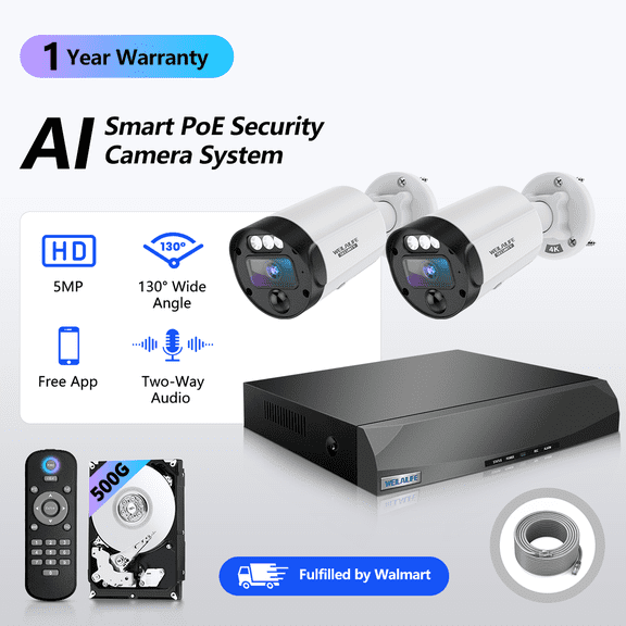 WEILAILIFE 5MP POE Security Camera System, 2 Cameras with Expandable 8-Channel NVR, PIR Motion Detection