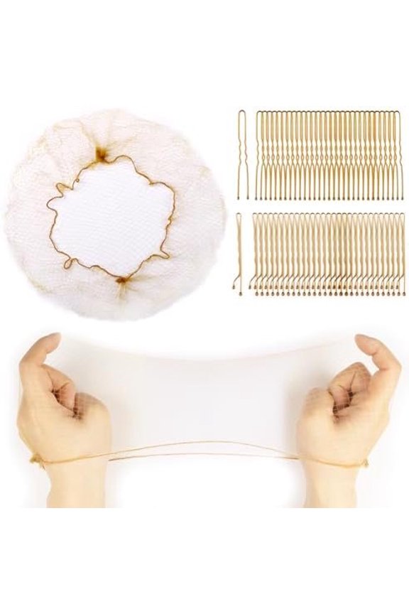 130 count Hair Nets and Pins Set-30 Invisible Mesh Nets with Elastic Edge (12, 24 Inch), 50 U-Shaped Pins 50 count Bobby Pins for Ballet Buns, Sleeping, 2 Size Golden