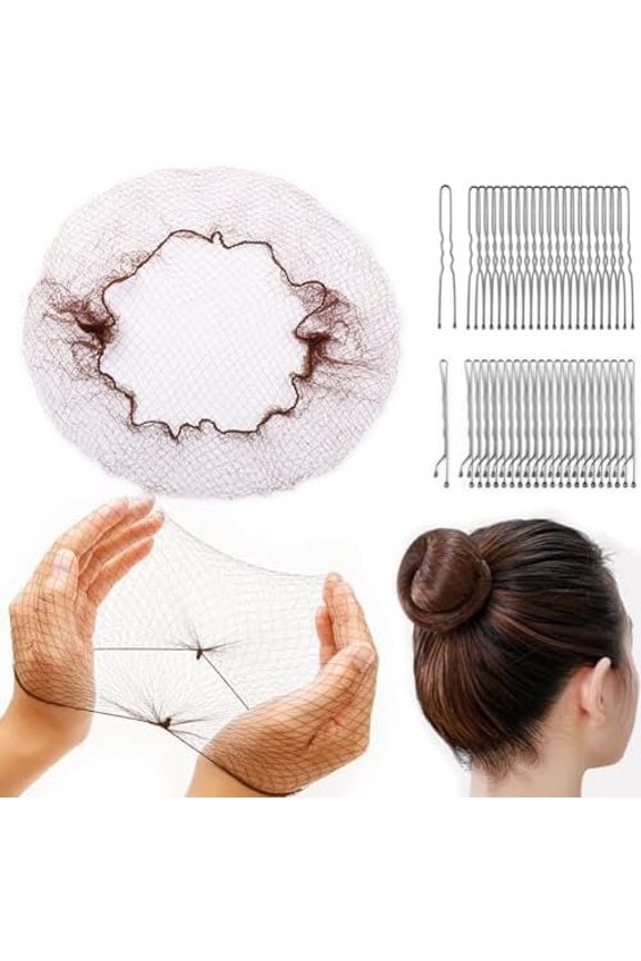 130 count Hair Nets Set Invisible Elastic Hair Nets for Women U-Shaped Hair Pins for Ballerina Buns - 30 count Brown Nets (12, 24 Inch) and 50 U-Hair Pins 50 count Bobby Pins,2 Size Brown