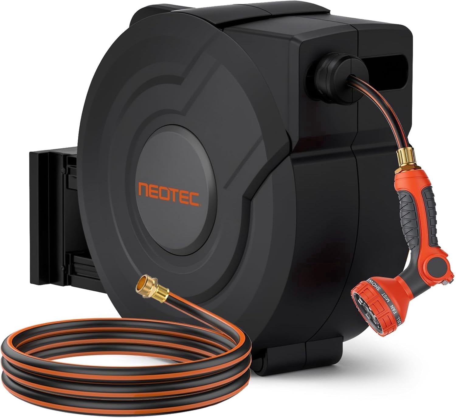 NEOTEC 130 ft 1/2 inch Retractable Garden Hose Reel -Professional Metal Bracket - Wall Mounted Auto Rewind, Any Length Lock 9 Pattern Nozzle, 180° Swivel, UV Resistant for Yard