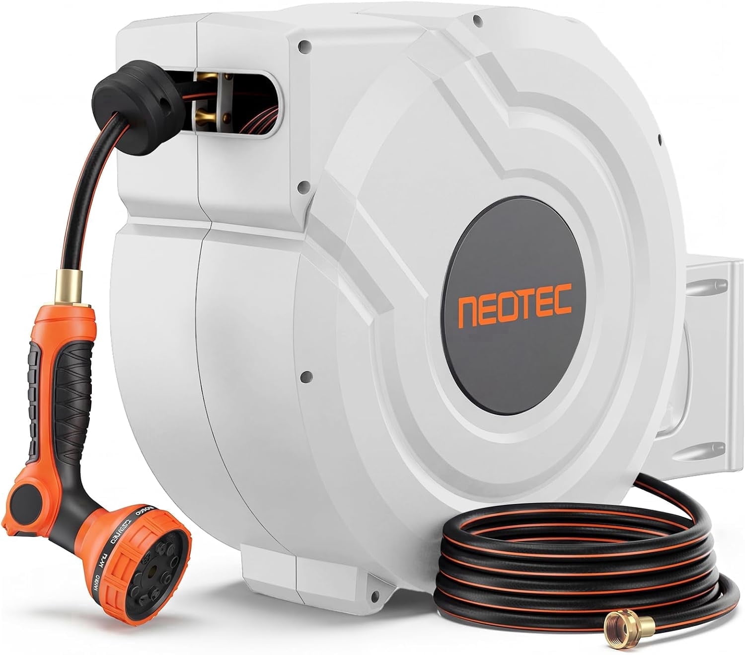 130 ft x 1/2 inch White Retractable Garden Hose Reel,Wall Mounted Automatic Slow Return Hose Reel with Any Length Lock,9 Pattern Spray Nozzle,180°Swivel Bracket,Outdoor Hose Reel for Yard Watering