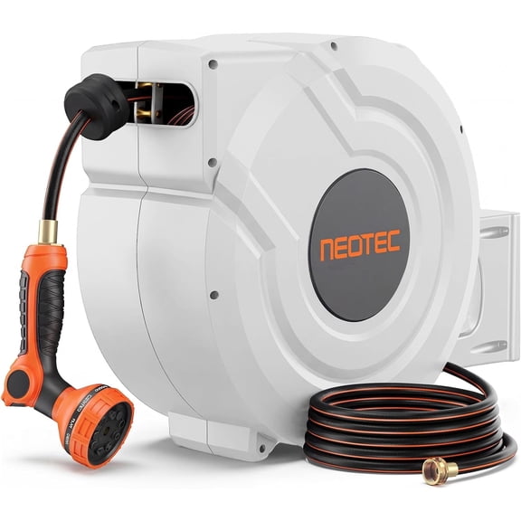 130 ft x 1/2 inch White Retractable Garden Hose Reel,Wall Mounted Automatic Slow Return Hose Reel with Any Length Lock,9 Pattern Spray Nozzle,180°Swivel Bracket,Outdoor Hose Reel for Yard Watering