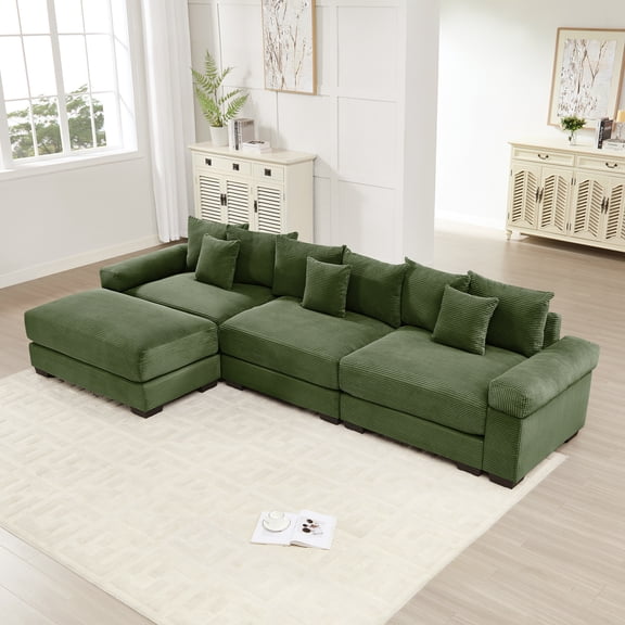 130 inch Oversized Cloud Modular L - Shape Sectional Couch, Soft Corduroy Fabric, With An Ottoman, Deep Wide Armrest Design 9 Pillows Easy Assembly, L - Sectional Sofas