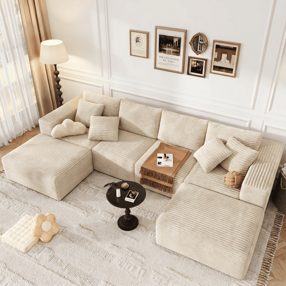 130 inch U-Shaped Sectional Sofa, Cloud-Like Big Modular Couch with Chaise, No Assembly Required, High Density Foam Never Sags, Soft Corduroy Fabric Sofa for Large Space,(Beige)