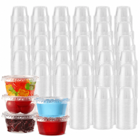 130 sets - 2 oz Jello Shot Cups, Small Plastic Containers with Lids, Airtight and Stackable Portion Cups, Salad Dressing Container, Dipping Sauce Cups, Condiment Cups