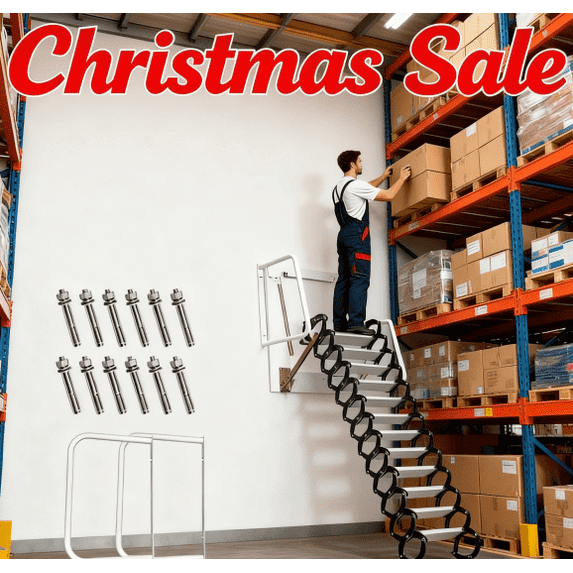 1300 LBS Foldable Attic Ladder, Iron Alloy Attic Stairs with Handrail, 10FT Wall-Mounted Retractable Ladder, 12-Steps Attic Stairs Pull Down System, Loft Ladder for Attic
