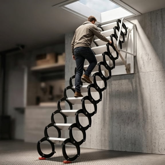 1300 Lbs Capacity Foldable Attic Ladder Ti-Mg Alloy Telescoping Ladder, 12-Step Wall-Mounted Pull-Down System for Residential Garages & Lofts