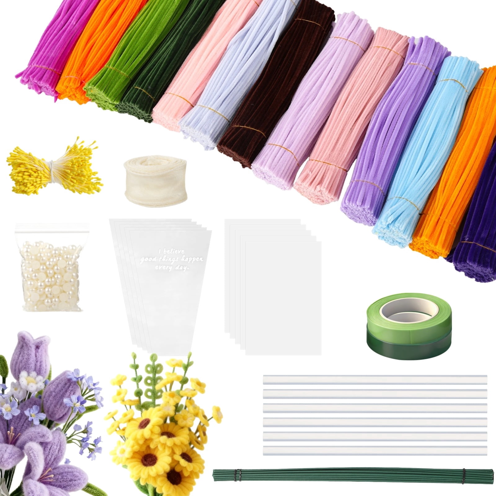 1300 Pcs Pipe Cleaners Craft Set, Chenille Stems in 13 Colors, 30 Flower Stalks, 2 Rolls Floral Tape, Pearl Stickers and Stamens, 11.8 in Bendable Twist Sticks for DIY Art Projects