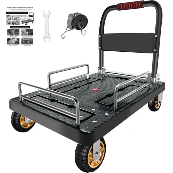 1300 lbs Folding Hand Truck, Heavy Duty 4 Wheel Moving Dolly with Adjustable Handle and Guard Rails, Foldable Utility Cart with Anti-Slip Base Plate for Garage Office Household Transport