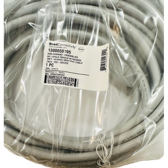 1300650195 Cable Assemblies MC 3-Pole Female 90 Degree 30FT. 14/3AWG Gray PVC, CAT# 202-000209