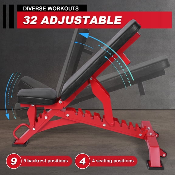 1300LBS Heavy-Duty Adjustable Weight Bench, 9-Position Incline Decline Flat Workout Bench for Home Gym Strength Training (Red)