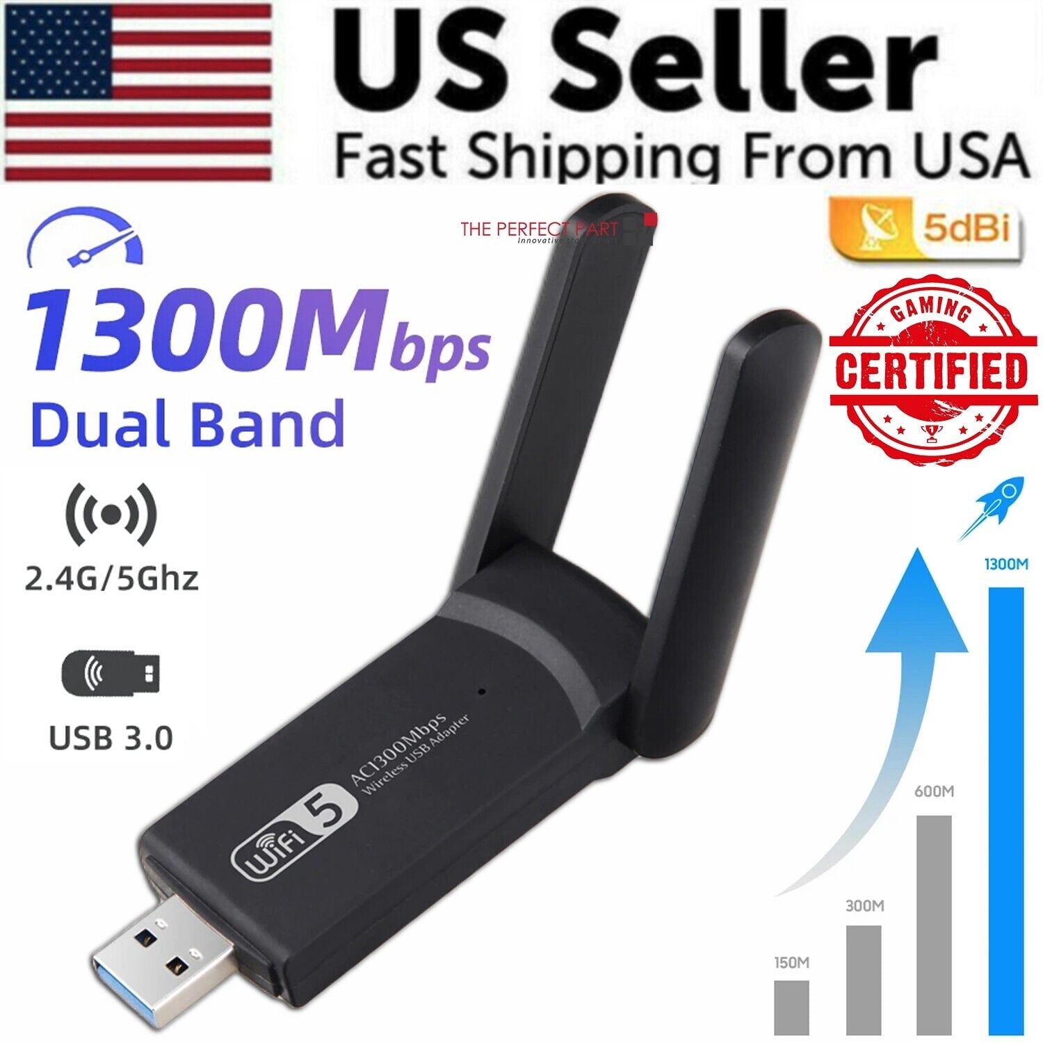 1300Mbps Long Range AC1300 Dual Band 5GHz Wireless USB 3.0 WiFi Adapter