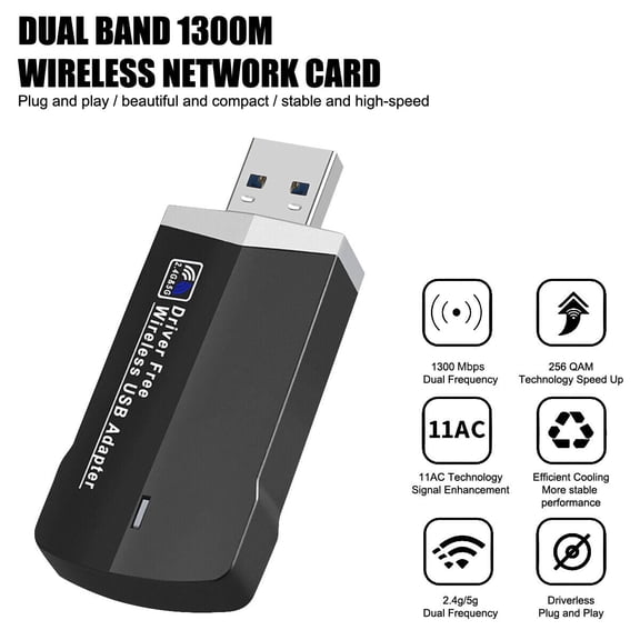 1300Mbps USB Wireless WiFi Network Receiver 2.4/5G Dual-Band Adapter Dongle Win10 11 Drive Free