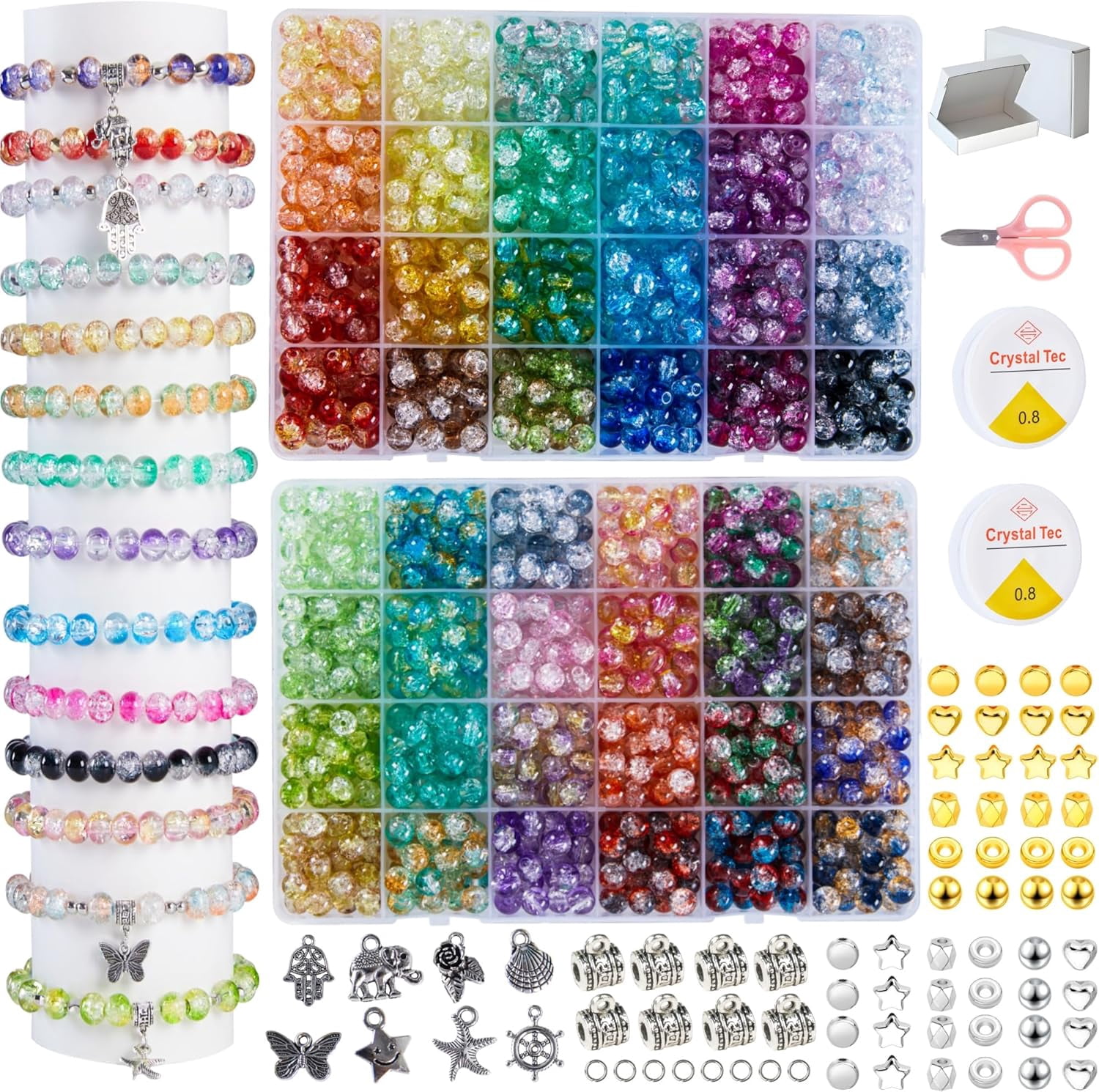 1300PCS 8mm Mixed Crackle Glass Beads for Bracelets Making with Accessories, 48 Colors Crystal Glass Beads Jewelry Making Kit, Round Beads for DIY Bracelet Crafts